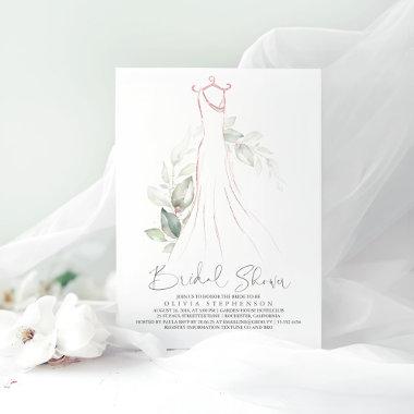 Elegant Greenery and Wedding Dress Bridal Shower I Invitations