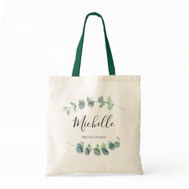 Elegant Greenery Bridesmade Eucalyptus Leaf Name Tote Bag