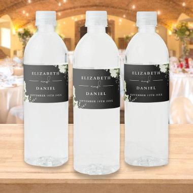 Elegant Greenery Floral Black And White Wedding Water Bottle Label