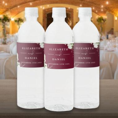 Elegant Greenery Floral Burgundy Wedding Water Bottle Label
