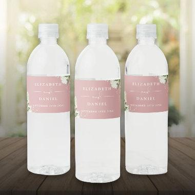 Elegant Greenery Floral Dusty Rose Wedding Water Bottle Label