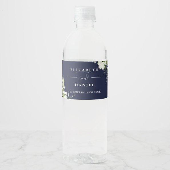 Elegant Greenery Floral Navy Blue Wedding Water Bottle Label