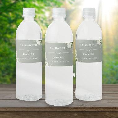 Elegant Greenery Floral Sage Green Wedding Water Bottle Label