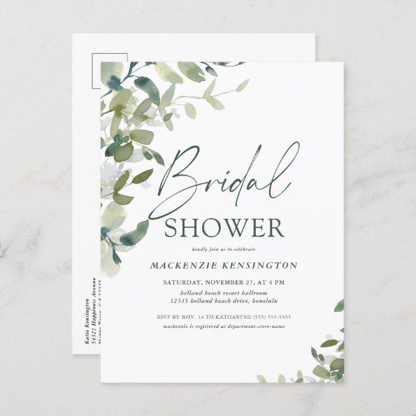Elegant Greenery Handwritten Script Bridal Shower Invitation PostInvitations