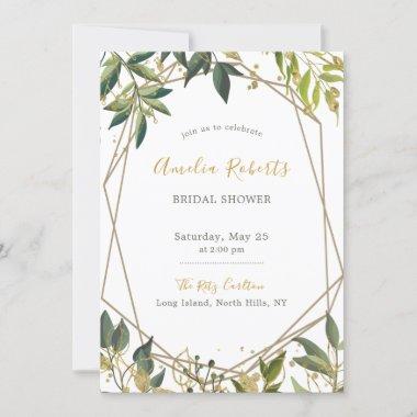 Elegant Greenery n Gold Floral Bridal Shower Invitations