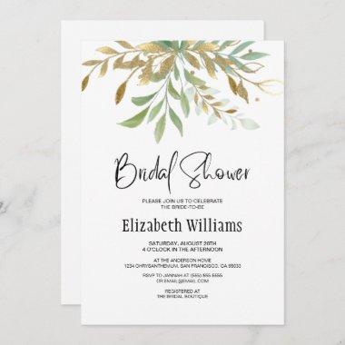 Elegant Greenery Watercolor golden Bridal Shower Invitations
