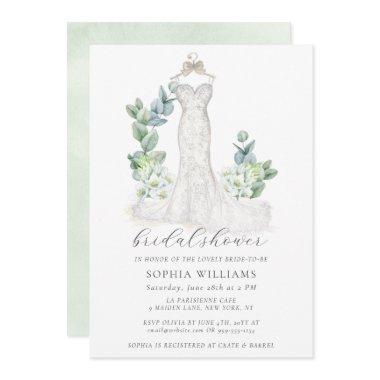 Elegant Greenery Wedding Dress Bridal Shower Invitations