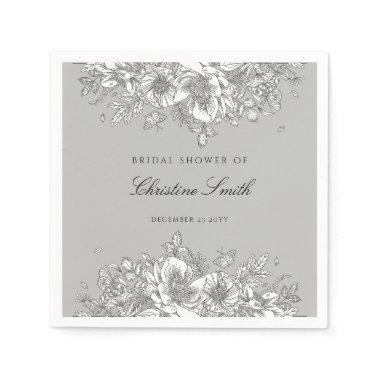 Elegant Grey Floral Bridal Shower Napkins