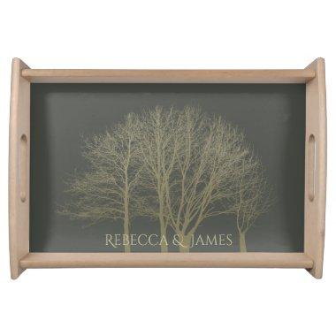 ELEGANT GREY GOLD FALL AUTUMN TREES MONOGRAM SERVING TRAY