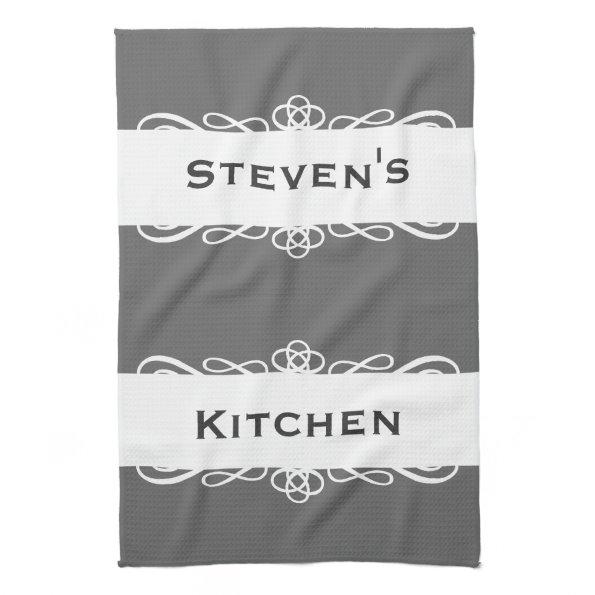 Elegant grey stripe name kitchen tea towel