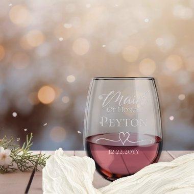 Elegant Hand Drawn Heart Maid of Honor Name Date Stemless Wine Glass