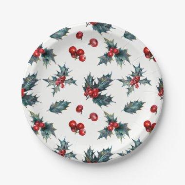 Elegant Holly Berry Holiday Winter Wedding Party Paper Plates