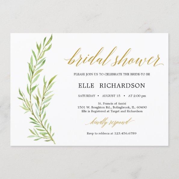 Elegant horizontal greenery gold bridal shower Invitations