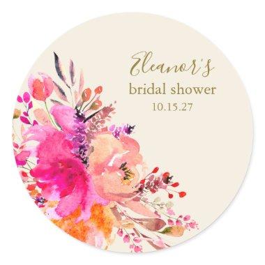 Elegant Hot Pink Floral Bridal Shower Custom Classic Round Sticker