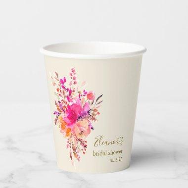 Elegant Hot Pink Floral Bridal Shower Custom Paper Cups