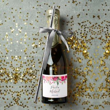 Elegant Hot Pink Floral Watercolor Mini Sparkling Wine Label