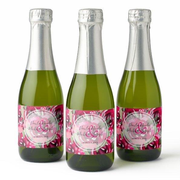 Elegant Hot Pink Watercolor Floral Wedding Mini Sparkling Wine Label