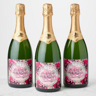 Elegant Hot Pink Watercolor Floral Wedding Sparkling Wine Label