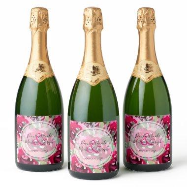 Elegant Hot Pink Watercolor Floral Wedding Sparkling Wine Label