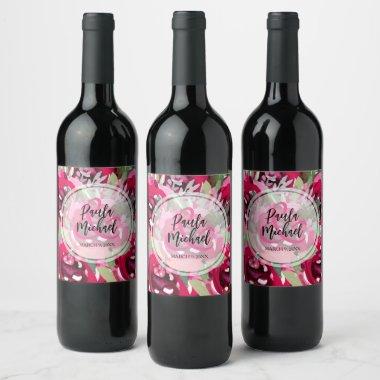 Elegant Hot Pink Watercolor Floral Wedding Wine Label