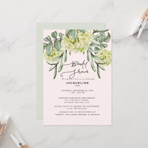 Elegant Hydrangea Blush & Mint Bridal Shower Invitations