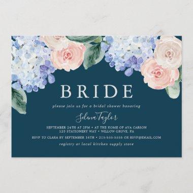Elegant Hydrangea Navy Horizontal Bridal Shower Invitations