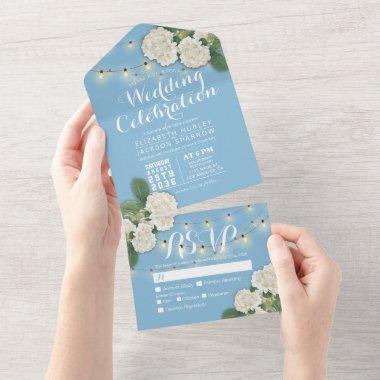 Elegant Hydrangeas String Lights Blue Wedding RSVP All In One Invitations