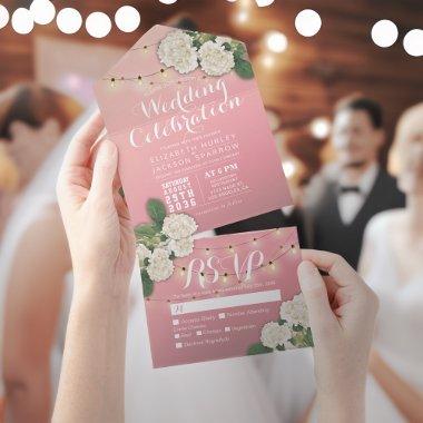 Elegant Hydrangeas String Lights Pink Wedding RSVP All In One