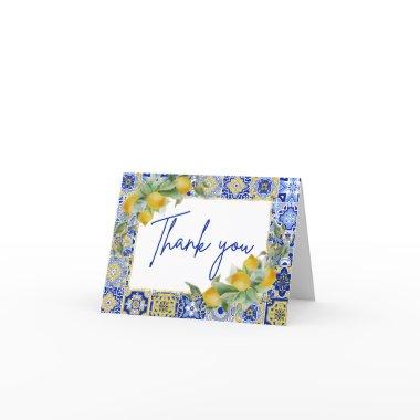Elegant Italian Blue Tiles Lemon Citrus Script Thank You