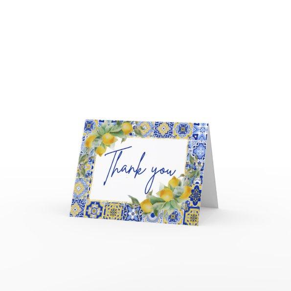 Elegant Italian Blue Tiles Lemon Citrus Script Thank You