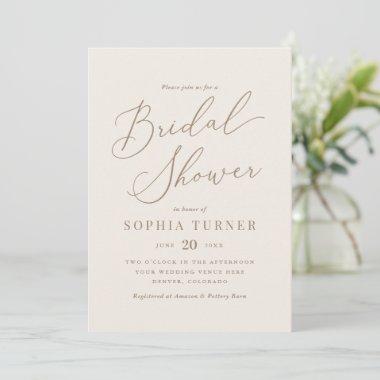 Elegant Ivory and Gold Calligraphy Bridal Shower Invitations