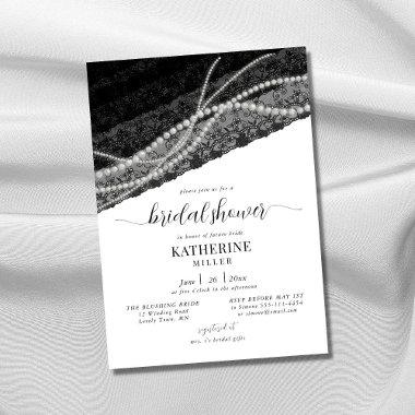 Elegant Lace Pearl Black White Chic Bridal Shower Invitations