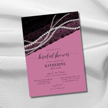 Elegant Lace Pearl Pink Black Rustic Bridal Shower Invitations