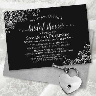 Elegant Lacy Silver on Classic Black Bridal Shower Invitations