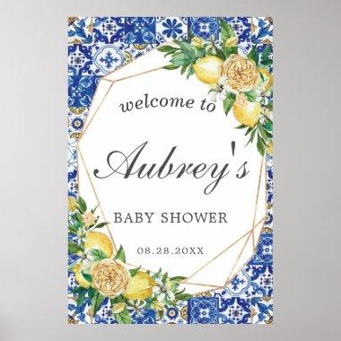 Elegant Lemon Floral Geometric Baby Shower Welcome Poster