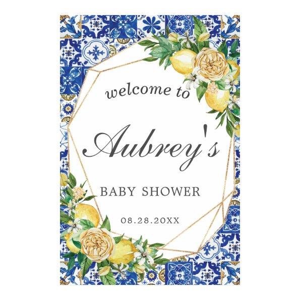 Elegant Lemon Floral Geometric Baby Shower Welcome Poster