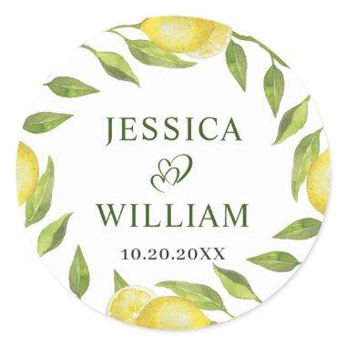 Elegant Lemons Watercolor Greenery Wedding Classic Round Sticker