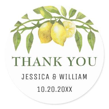 Elegant Lemons Watercolor Greenery Wedding Classic Round Sticker