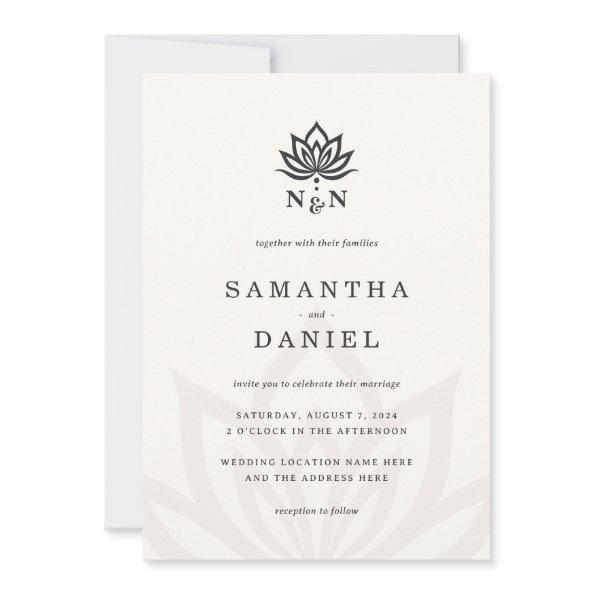 Elegant lotus flower monogram light neutral ivory Invitations