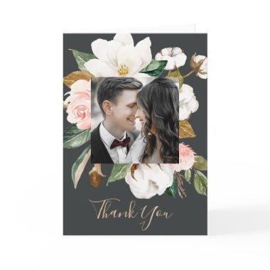 Elegant Magnolia Black & White Photo Thank You Invitations