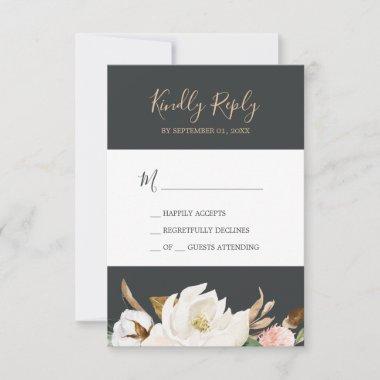 Elegant Magnolia | Black & White Simple RSVP Card