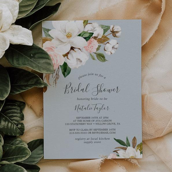 Elegant Magnolia | Blue Gray Bridal Shower Invitations