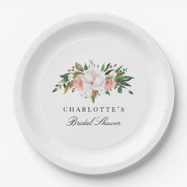 Elegant Magnolia Floral Bridal Shower Paper Plates
