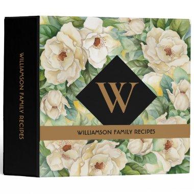 Elegant Magnolia Floral Gold Monogram Name Recipes 3 Ring Binder