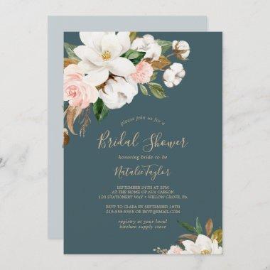 Elegant Magnolia | Teal and White Bridal Shower Invitations