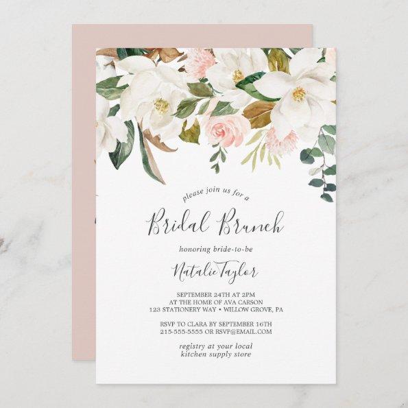 Elegant Magnolia | White and Blush Bridal Brunch Invitations