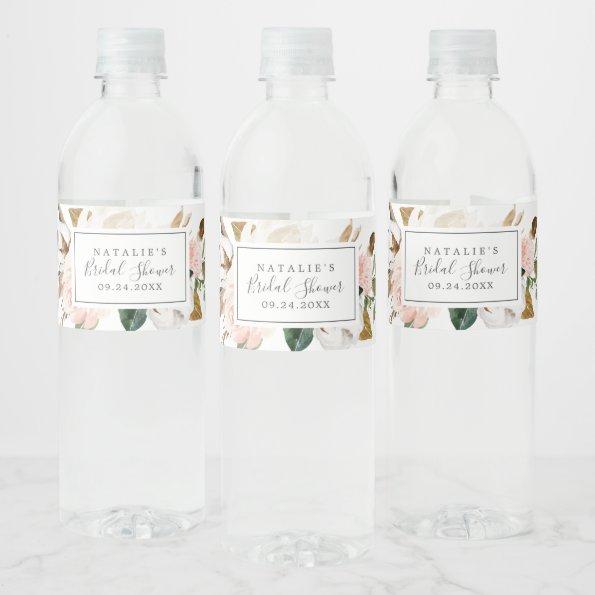 Elegant Magnolia | White and Blush Bridal Shower Water Bottle Label