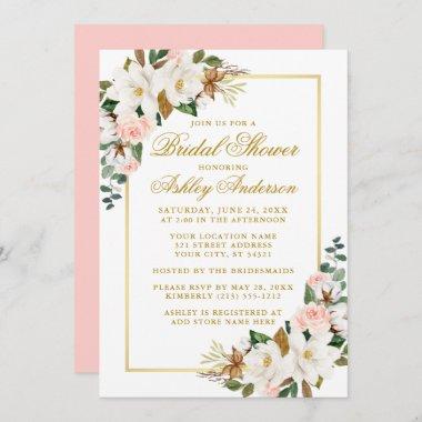 Elegant Magnolias Roses Gold Pink Bridal Shower Invitations