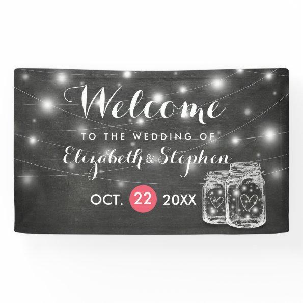 Elegant Mason & Jar String Lights Wedding Welcome Banner