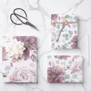 Elegant Mauve Flowers and Leaves Botanical Pattern Wrapping Paper Sheets